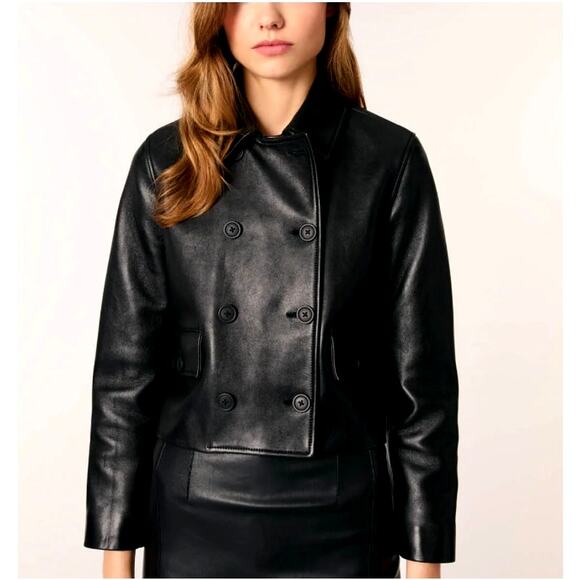 Maje Women's Black Noir Cropped Leather Jacket Size 40Large